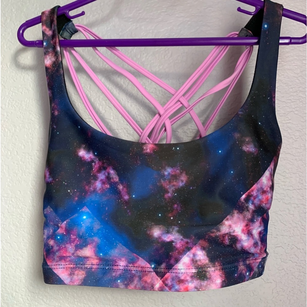 Galaxy Print Sports Bra with Pink Straps